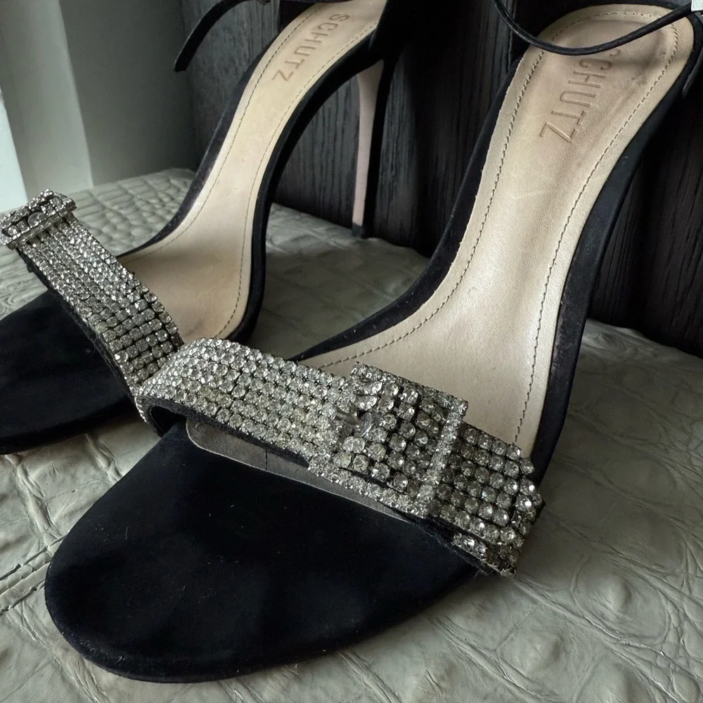 Schutz Black Velvet Rhinestone Buckle Heels Size 9B Ankle Strap Sandals
